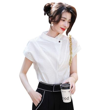轻奢气质立领条纹短袖衬衫女拼接设计感百搭通勤上衣  服裝批發女裝批發服飾貨源