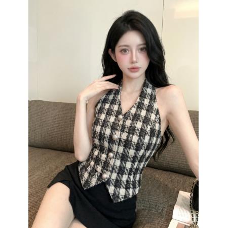 小香风挂脖背心女短款格纹金属扣设计感小众高级感上衣女夏  服裝批發女裝批發服飾貨源
