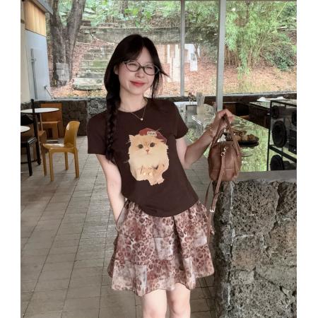 复古猫咪T恤豹纹短裙套装夏季新款短袖上衣蛋糕裙两件套  服裝批發女裝批發服飾貨源