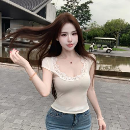 BY21680# 辣妹圆领修身短袖T恤高腰  服裝批發女裝批發服飾貨源