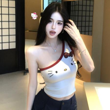 BY21681# 辣妹印花针织设计感T恤夏季收腰斜肩上衣  服裝批發女裝批發服飾貨源