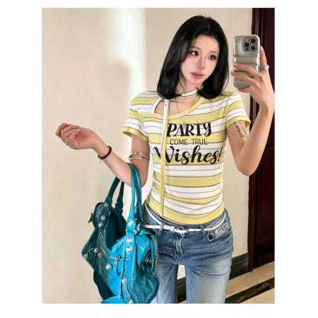 酷辣妹条纹铆钉飘带不规则领春夏新ins潮韩日系ootd字母印花K  服裝批發女裝批發服飾貨源