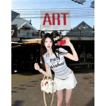 酷辣妹条纹铆钉飘带不规则领春夏新ins潮韩日系ootd字母印花K  服裝批發女裝批發服飾貨源