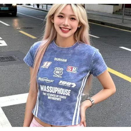 蓝色洗水做旧logo机车风短款T恤春夏新ins潮时尚摇滚朋克街头  服裝批發女裝批發服飾貨源