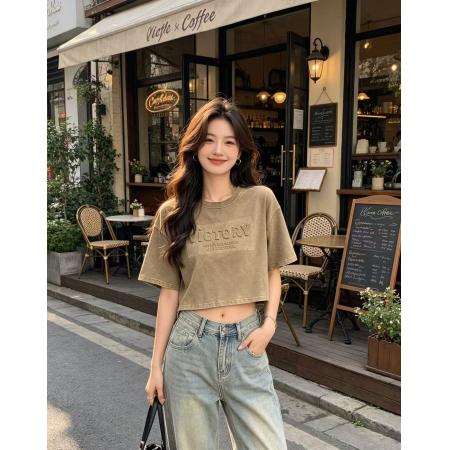 酷辣甜妹洗水牛仔做旧短款T恤春夏新ins潮韩日ootd百搭通勤飒  服裝批發女裝批發服飾貨源