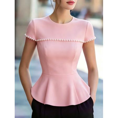 欧美女装夏季新款圆领钉珠短袖上衣  服裝批發女裝批發服飾貨源