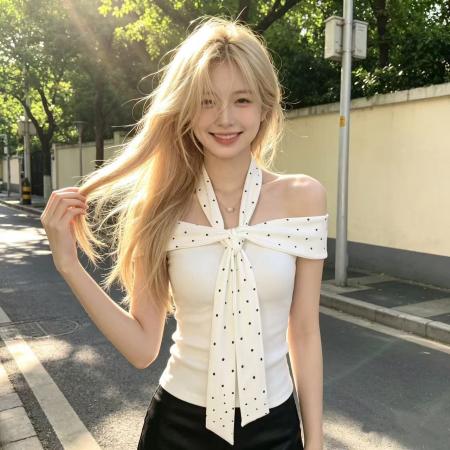 BY21705# 白色假两件波点挂脖一字肩露肩短袖t恤  服裝批發女裝批發服飾貨源