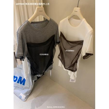 BY21707# 咖色网纱拼接假两件棉T恤女夏收腰设计感正肩百搭显瘦上衣  服裝批發女裝批發服飾貨源