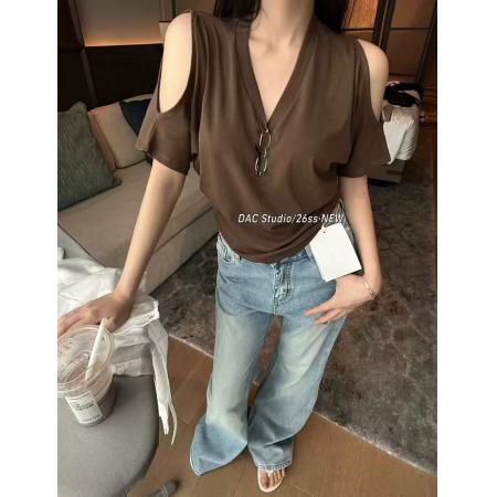 韩国夏季新款配眼镜挂脖v领交叉露肩短袖T恤女性感露背上衣  服裝批發女裝批發服飾貨源