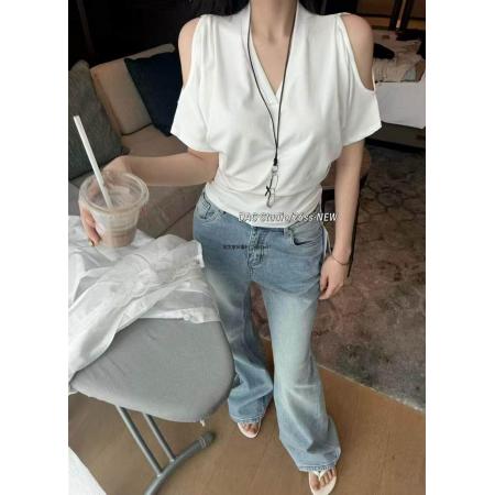 BY21708# 韩国夏季新款配眼镜挂脖v领交叉露肩短袖T恤女性感露背上衣  服裝批發女裝批發服飾貨源