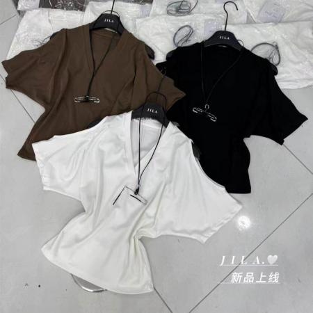 BY21708# 韩国夏季新款配眼镜挂脖v领交叉露肩短袖T恤女性感露背上衣  服裝批發女裝批發服飾貨源