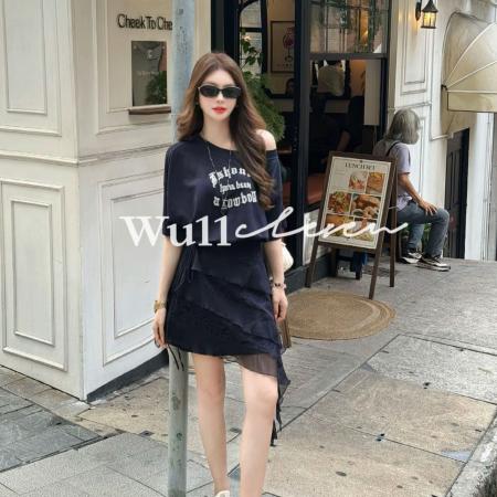Wu11莱赛尔慵懒风汉服斜肩连衣裙+屁帘时尚两件套  服裝批發女裝批發服飾貨源