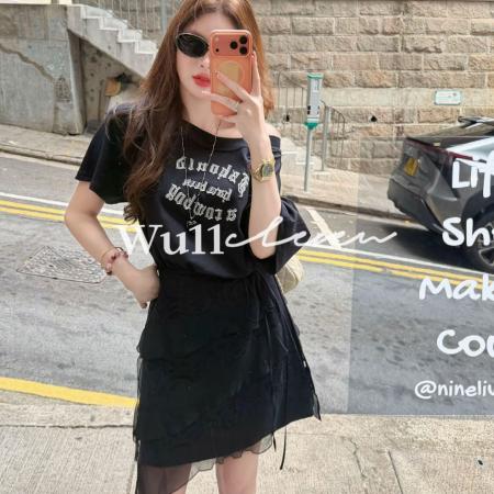 BY21709# Wu11莱赛尔慵懒风汉服斜肩连衣裙+屁帘时尚两件套  服裝批發女裝批發服飾貨源