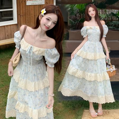 甜美泡泡袖碎花连衣裙女夏季大码胖MM少女感减龄蛋糕裙  服裝批發女裝批發服飾貨源
