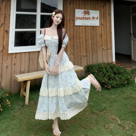 BY21710# 甜美泡泡袖碎花连衣裙女夏季大码胖MM少女感减龄蛋糕裙  服裝批發女裝批發服飾貨源