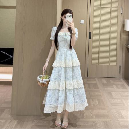 BY21710# 甜美泡泡袖碎花连衣裙女夏季大码胖MM少女感减龄蛋糕裙  服裝批發女裝批發服飾貨源