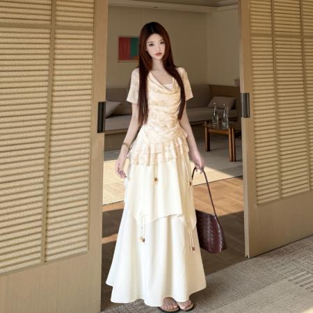 BY21711# 夏季新款韩系荷叶边不规则荡领短袖上衣半身裙绝美大码套装  服裝批發女裝批發服飾貨源