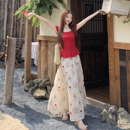 夏季新款方领后背绑带上衣+碎花半身裙套装大码两件套  服裝批發女裝批發服飾貨源