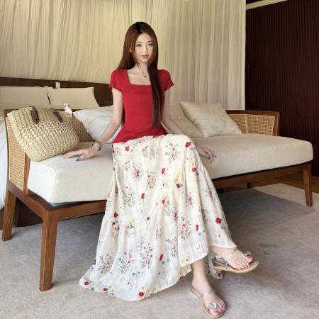 BY21714# 夏季新款方领后背绑带上衣+碎花半身裙套装大码两件套  服裝批發女裝批發服飾貨源