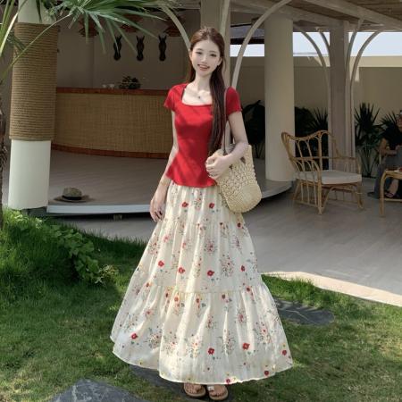 BY21714# 夏季新款方领后背绑带上衣+碎花半身裙套装大码两件套  服裝批發女裝批發服飾貨源