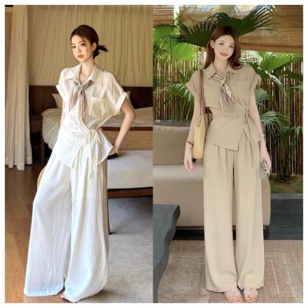阔腿裤大码套装夏季新款老钱风收腰短袖衬衫穿搭一整套  服裝批發女裝批發服飾貨源