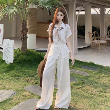 阔腿裤大码套装夏季新款老钱风收腰短袖衬衫穿搭一整套  服裝批發女裝批發服飾貨源