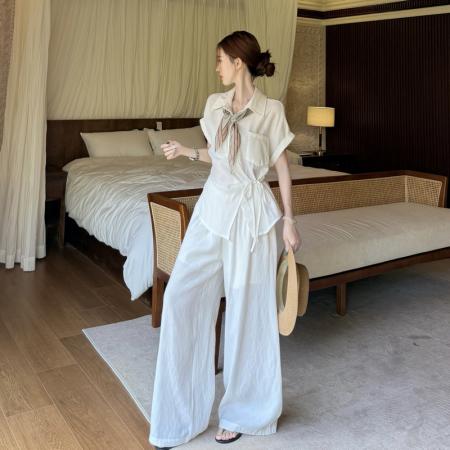 阔腿裤大码套装夏季新款老钱风收腰短袖衬衫穿搭一整套  服裝批發女裝批發服飾貨源