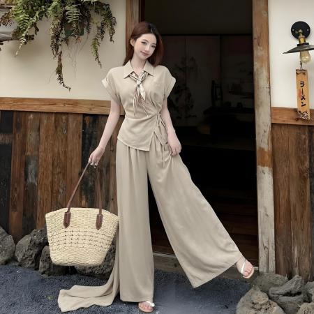 阔腿裤大码套装夏季新款老钱风收腰短袖衬衫穿搭一整套  服裝批發女裝批發服飾貨源