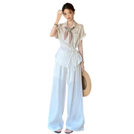 阔腿裤大码套装夏季新款老钱风收腰短袖衬衫穿搭一整套  服裝批發女裝批發服飾貨源