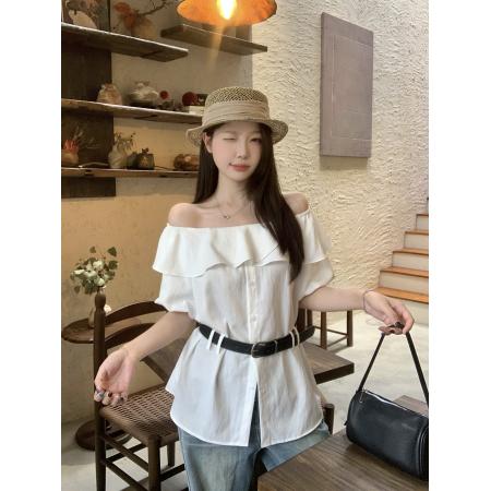 大码女装夏季新款韩系甜美一字领收腰显瘦气质衬衫百搭上衣  服裝批發女裝批發服飾貨源