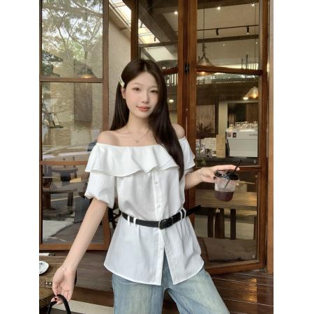 大码女装夏季新款韩系甜美一字领收腰显瘦气质衬衫百搭上衣  服裝批發女裝批發服飾貨源