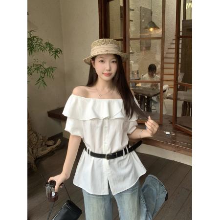 大码女装夏季新款韩系甜美一字领收腰显瘦气质衬衫百搭上衣  服裝批發女裝批發服飾貨源