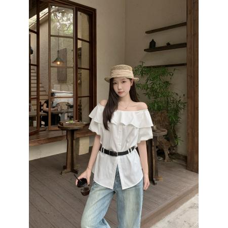 大码女装夏季新款韩系甜美一字领收腰显瘦气质衬衫百搭上衣  服裝批發女裝批發服飾貨源