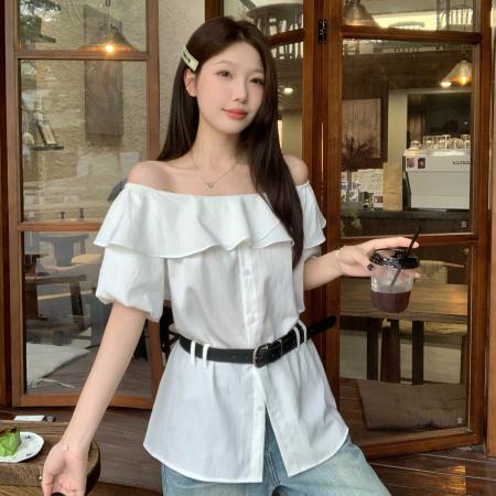 大码女装夏季新款韩系甜美一字领收腰显瘦气质衬衫百搭上衣  服裝批發女裝批發服飾貨源
