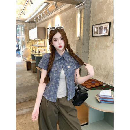 美式复古格子衬衫显瘦修身ins休闲短款T恤街头设计短袖夏  服裝批發女裝批發服飾貨源