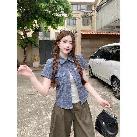 美式复古格子衬衫显瘦修身ins休闲短款T恤街头设计短袖夏  服裝批發女裝批發服飾貨源