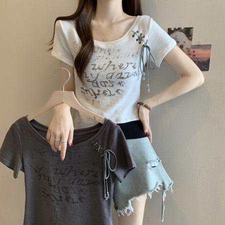 新款夏款时尚设计感拼接假两件修身显瘦T恤别致上衣  服裝批發女裝批發服飾貨源