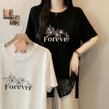 新款大码胖MM夏款设计感假两件拼接蕾丝遮肚显瘦百搭上衣  服裝批發女裝批發服飾貨源