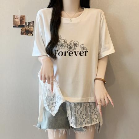 新款大码胖MM夏款设计感假两件拼接蕾丝遮肚显瘦百搭上衣  服裝批發女裝批發服飾貨源
