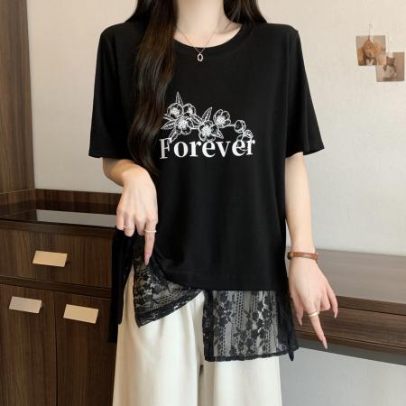 新款大码胖MM夏款设计感假两件拼接蕾丝遮肚显瘦百搭上衣  服裝批發女裝批發服飾貨源