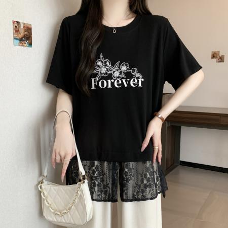 新款大码胖MM夏款设计感假两件拼接蕾丝遮肚显瘦百搭上衣  服裝批發女裝批發服飾貨源