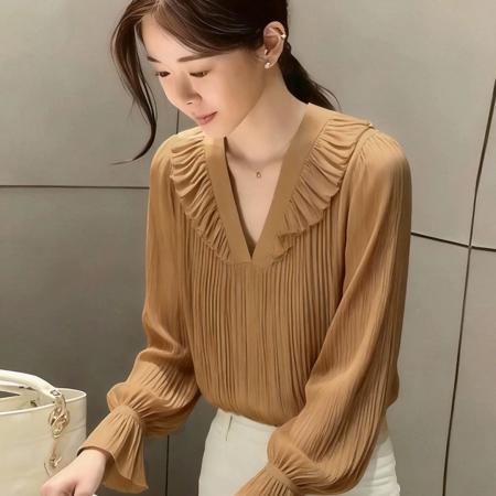 BY21727# 法式气质长袖棕色衬衫女春新款小个子高级感独特超好看衬衣上衣  服裝批發女裝批發服飾貨源