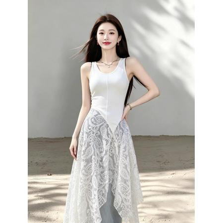 BY21731# 夏季大码胖MM时尚高级小众不撞款不规则蕾丝下摆无袖背心连衣裙女  服裝批發女裝批發服飾貨源