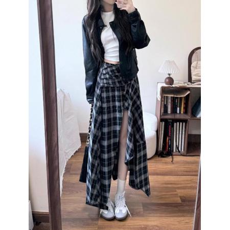 BY21732# 鹿花深大码夏季不规则黑白格纹半身裙女设计感高腰字遮肉显瘦长裙  服裝批發女裝批發服飾貨源