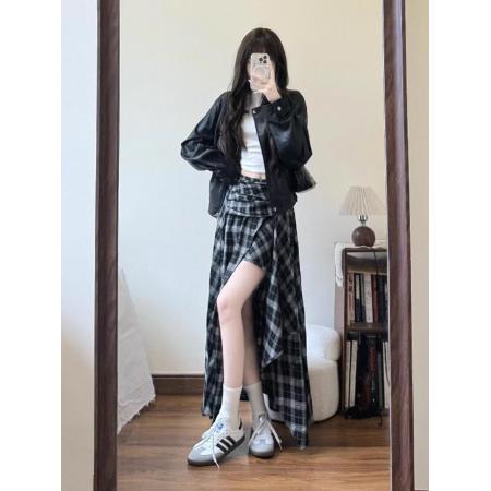 BY21732# 鹿花深大码夏季不规则黑白格纹半身裙女设计感高腰字遮肉显瘦长裙  服裝批發女裝批發服飾貨源