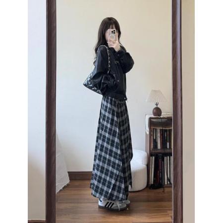 BY21732# 鹿花深大码夏季不规则黑白格纹半身裙女设计感高腰字遮肉显瘦长裙  服裝批發女裝批發服飾貨源