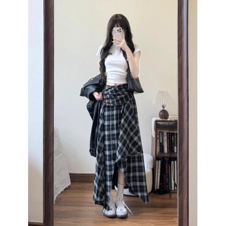 BY21732# 鹿花深大码夏季不规则黑白格纹半身裙女设计感高腰字遮肉显瘦长裙  服裝批發女裝批發服飾貨源