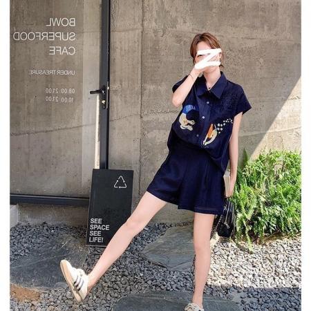 BY21733# 藏蓝色减龄刺绣短袖亚麻衬衫套装女夏季新款休闲小个子短裤两件套  服裝批發女裝批發服飾貨源