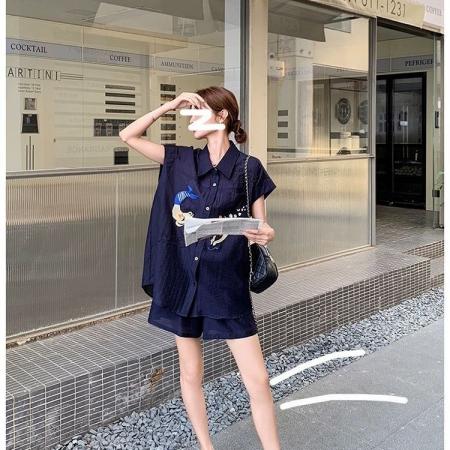 BY21733# 藏蓝色减龄刺绣短袖亚麻衬衫套装女夏季新款休闲小个子短裤两件套  服裝批發女裝批發服飾貨源