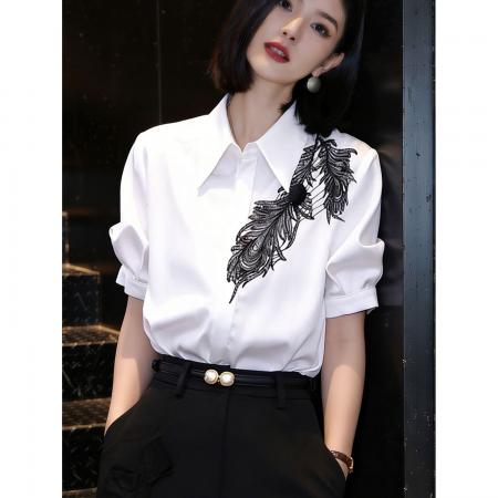 法式白色短袖衬衫女夏季新款时尚洋气宽松显瘦设计感印花上衣  服裝批發女裝批發服飾貨源